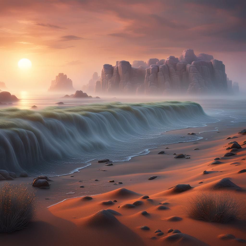 Sea Mist Rolls onto Desert Shore at Dawn