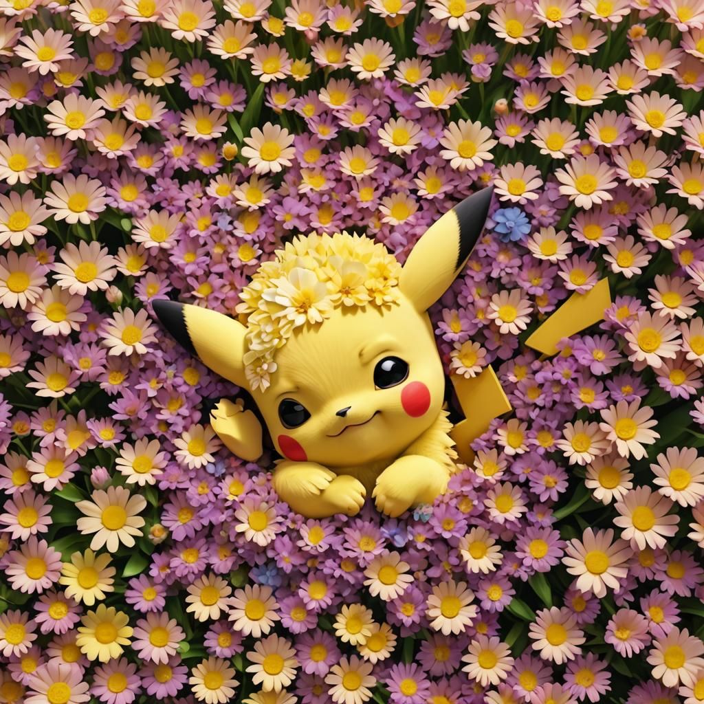 Baby Pikachu Sleeping in Flower Field as 3D Art