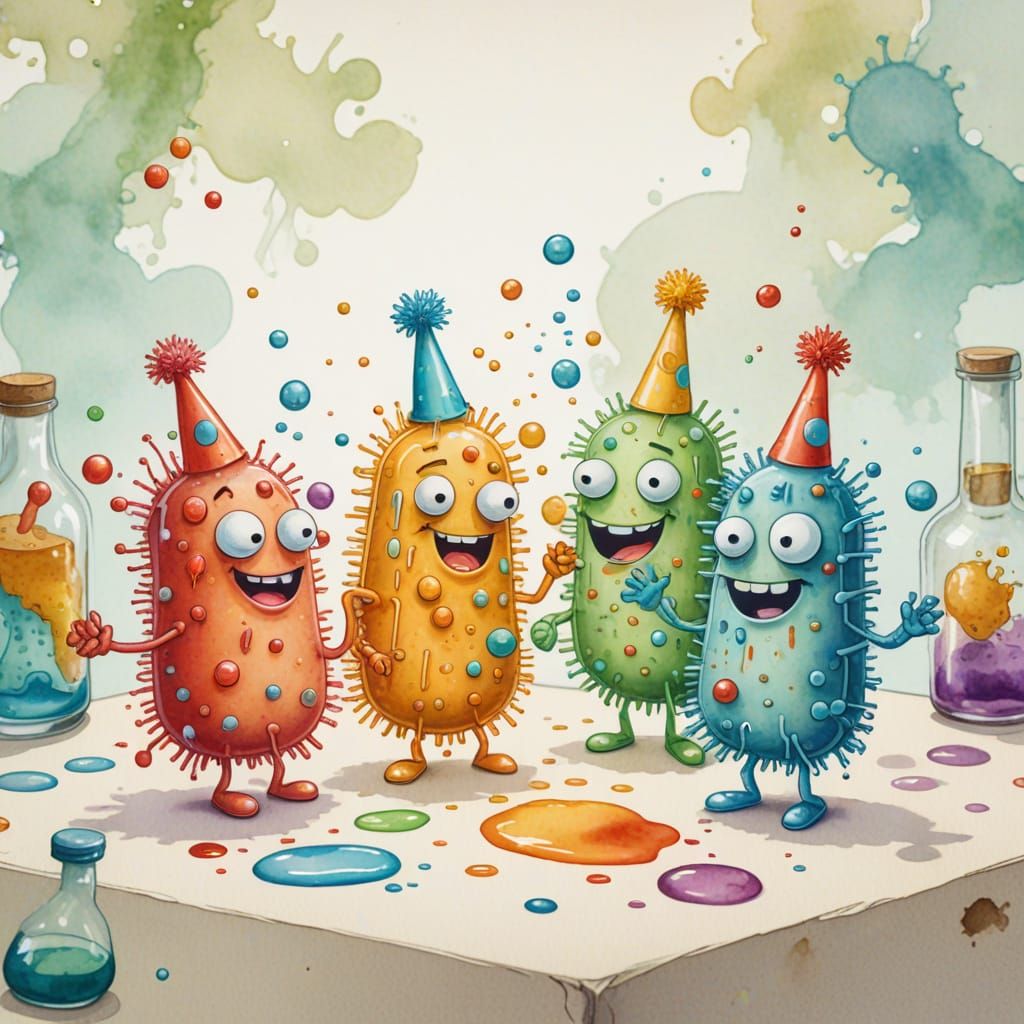 Cheerful Bacteria Painting Microscopic Mural in Watercolor S...