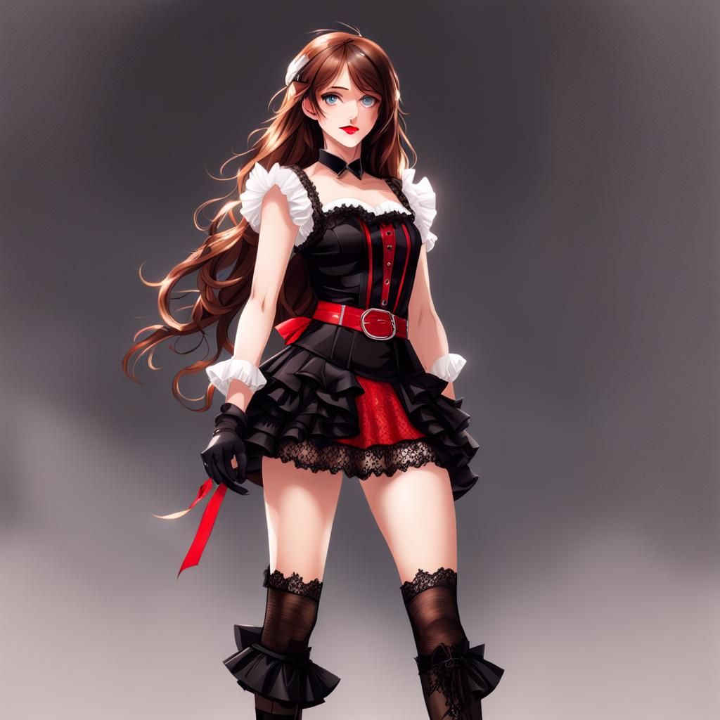 Fantasy Girl with Red Top and Black Skirt