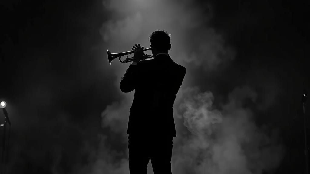 Film Noir Trumpeter in Smoky Speakeasy