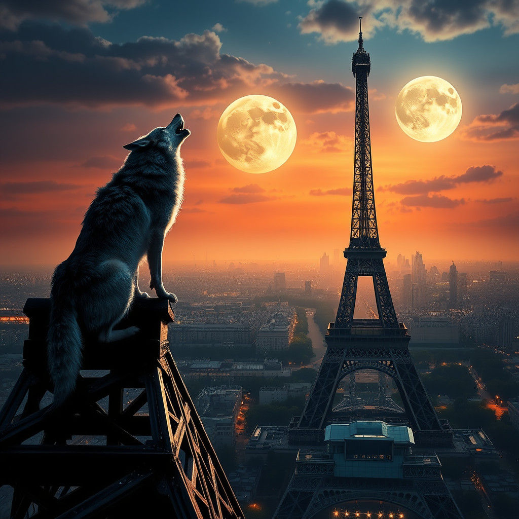 Wolf Howling at Moon Atop Eiffel Tower
