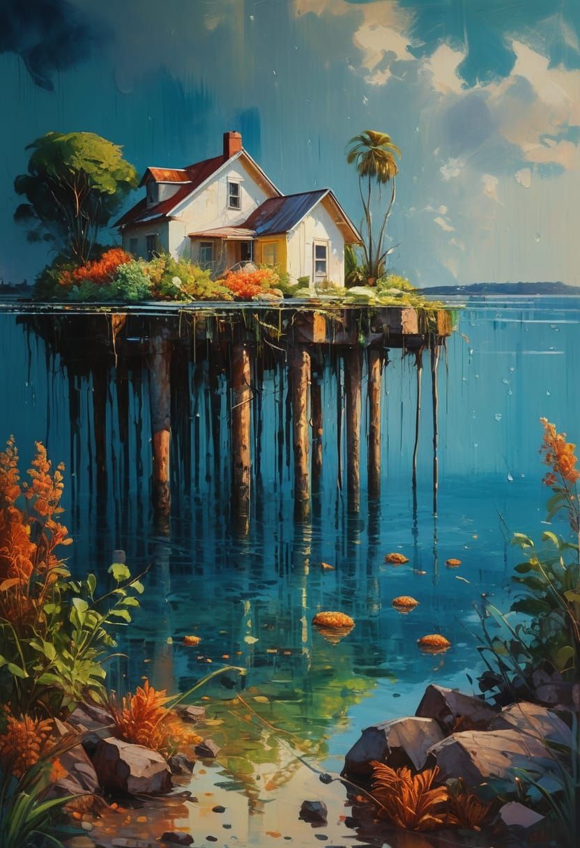 Island House in Fauvist Oil Painting Style