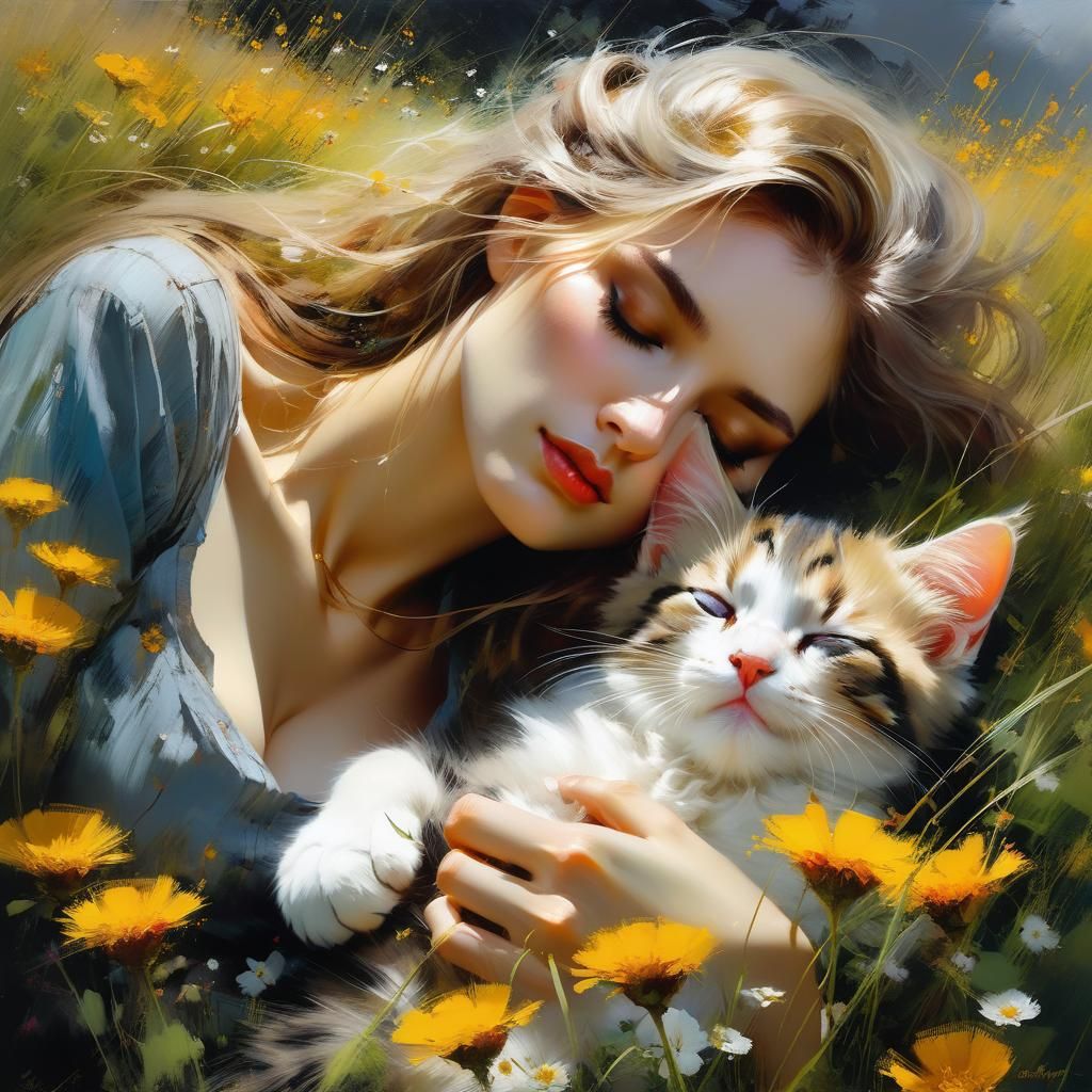 Kittens Sleeping in a Summer Meadow, Fine Art