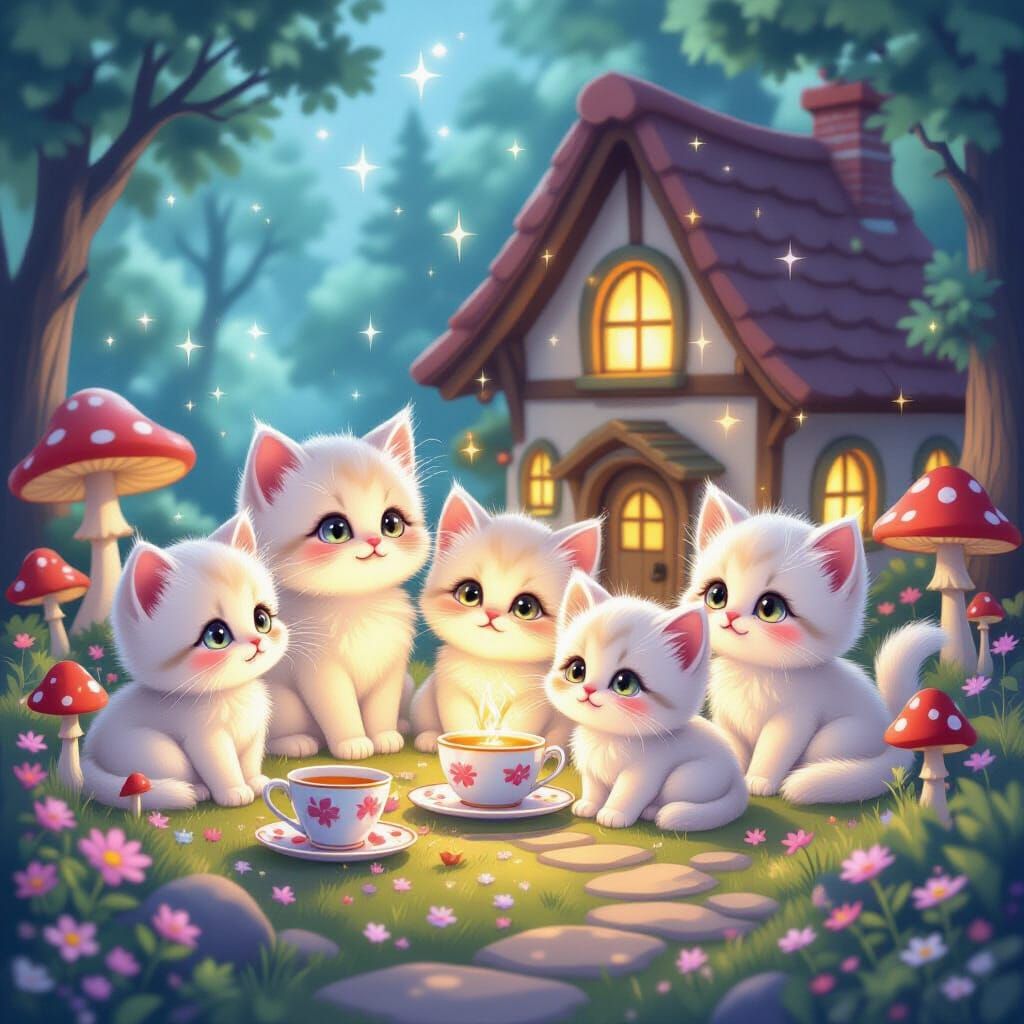 Kittens in Magical Cottage with Studio Ghibli Vibes