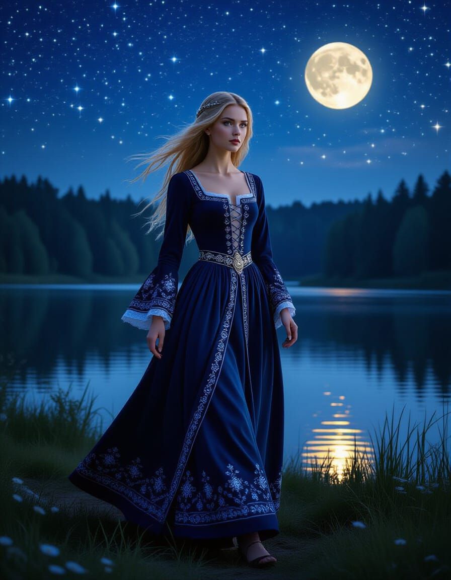 Medieval Maiden in Moonlit Forest by Lake