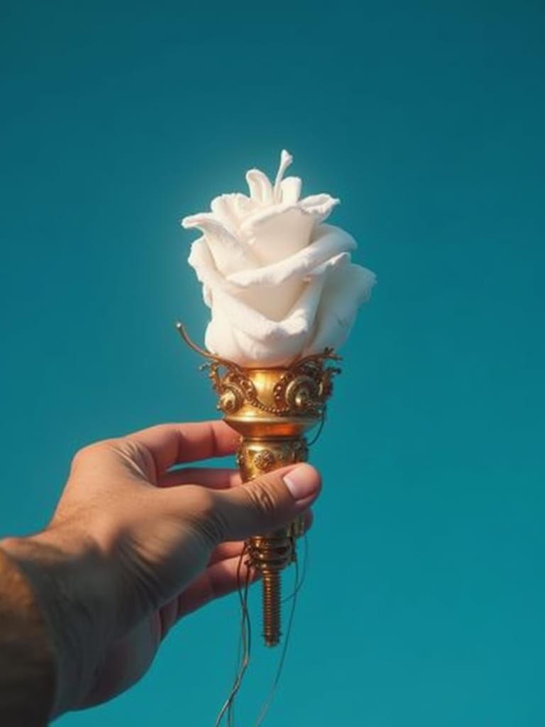 Steampunk Mechanical Arm Holds Crimson Rose