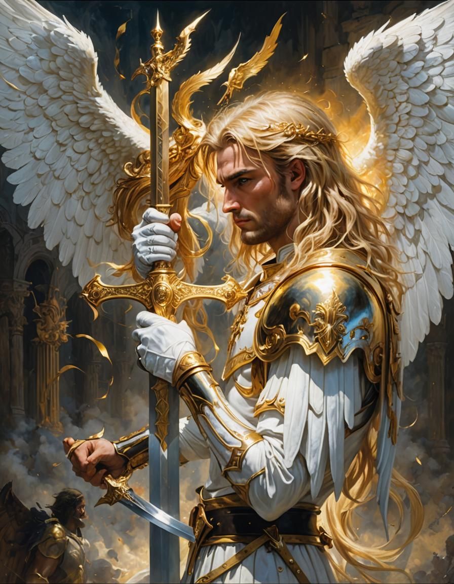 Archangel Michael with Golden Sword: Dark Fantasy Art