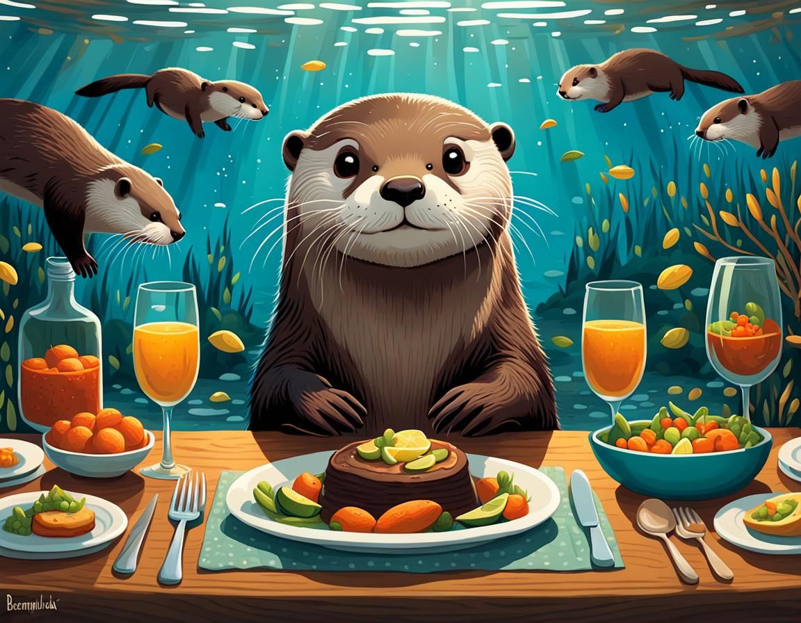 an adorable and beautiful otter, smiling, serving the table ...