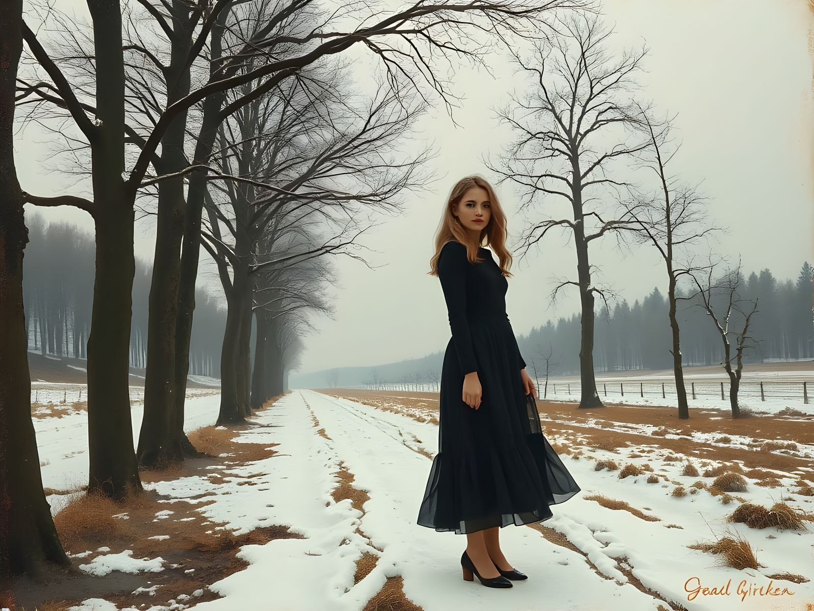 Woman in Black Dress Posing in Winterlandscape