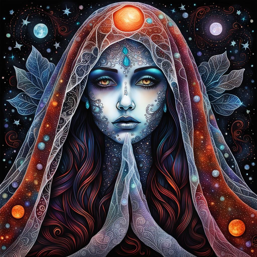 Luminous Veiled Figure in Shimmering Crystal Glass