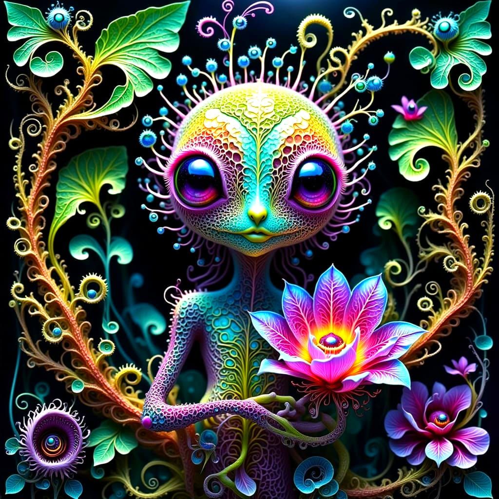 Whimsical Creature Holds Intricate Mystical Flower