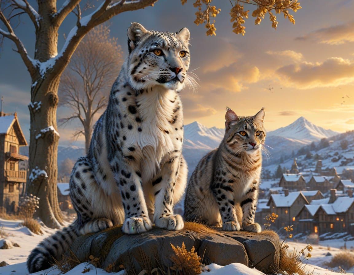 Regal Snow Leopard Overlooks Mouse Village