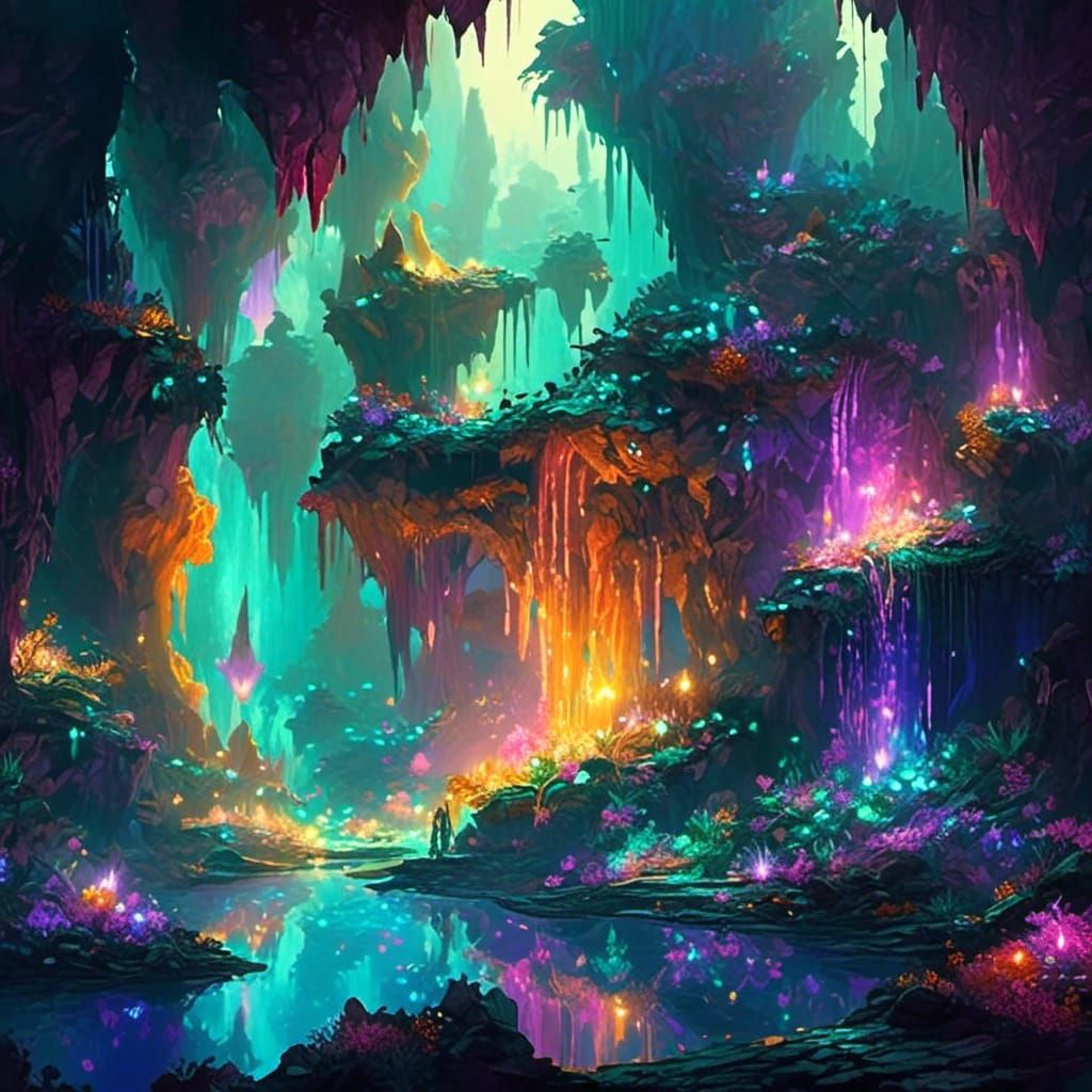 Glowing Gemstone Caverns in Fantasy Style
