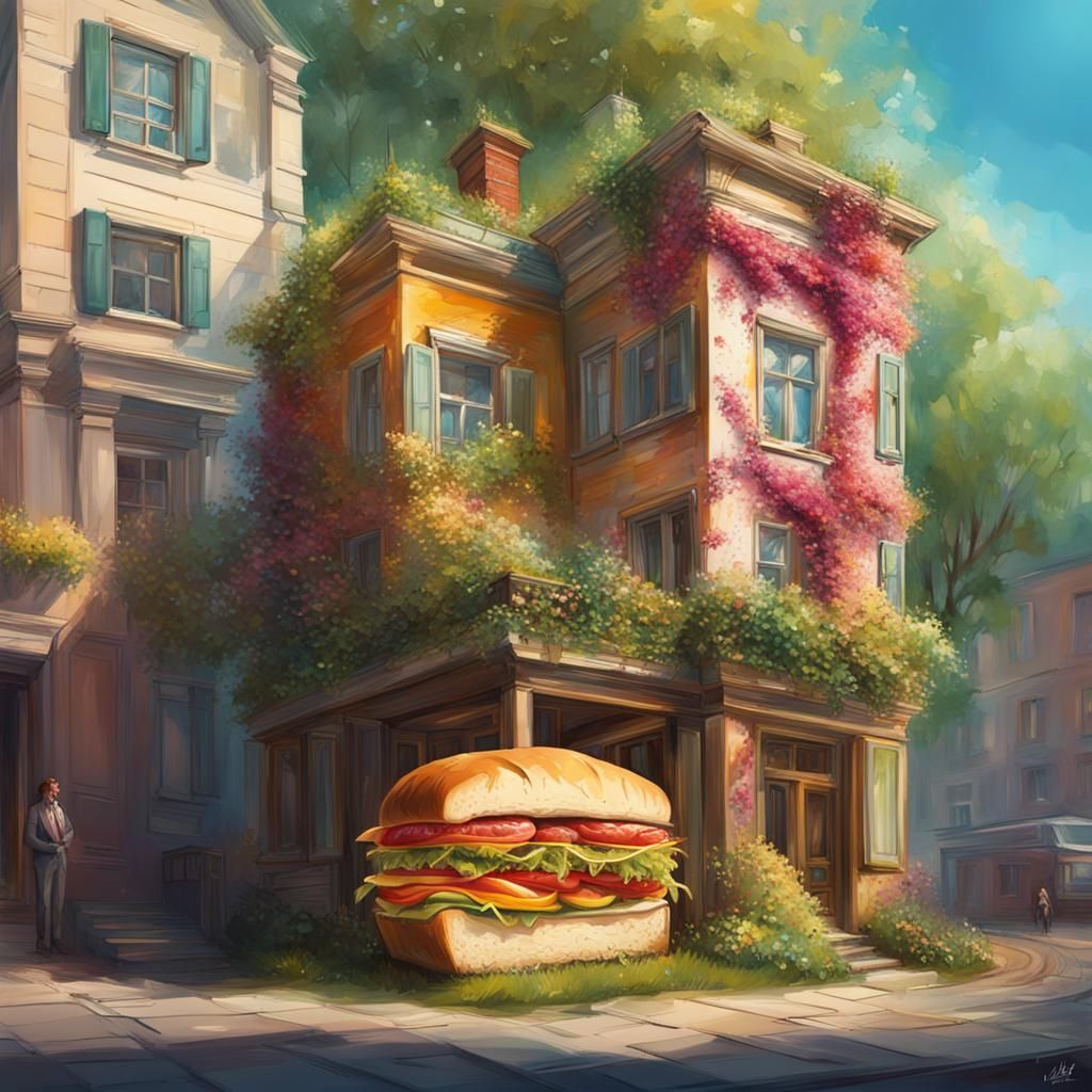 Hyperrealistic Sandwich House in Spring: Splash Art