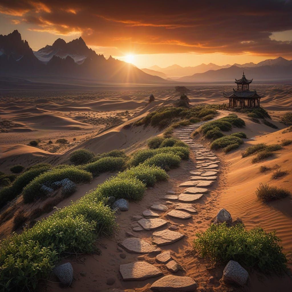 Majestic Golden Dunes Landscape at Dusk with Crumbling Templ...