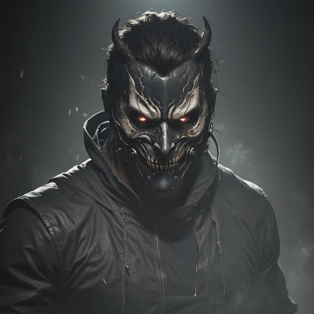 A monster with a masked face, hiding his ungly face behind t...