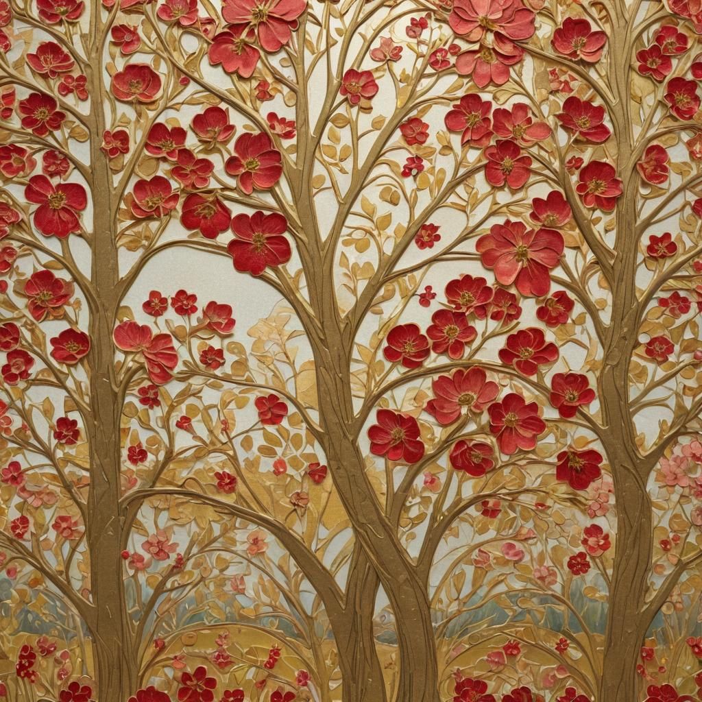 Art Nouveau Apple Orchard with Floral Patterns