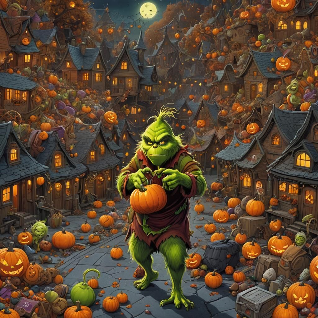 Grinch Steals Halloween in Dark Fantasy Matte Painting