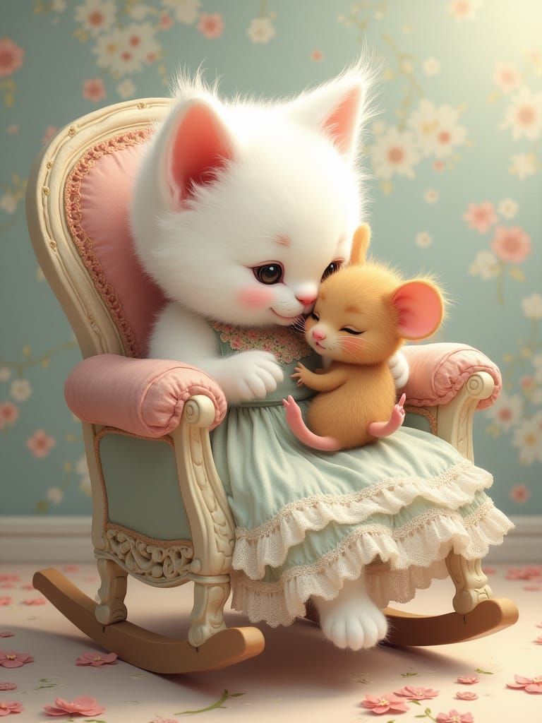 Kitten Cuddles Mouse in Shabby Chic Style