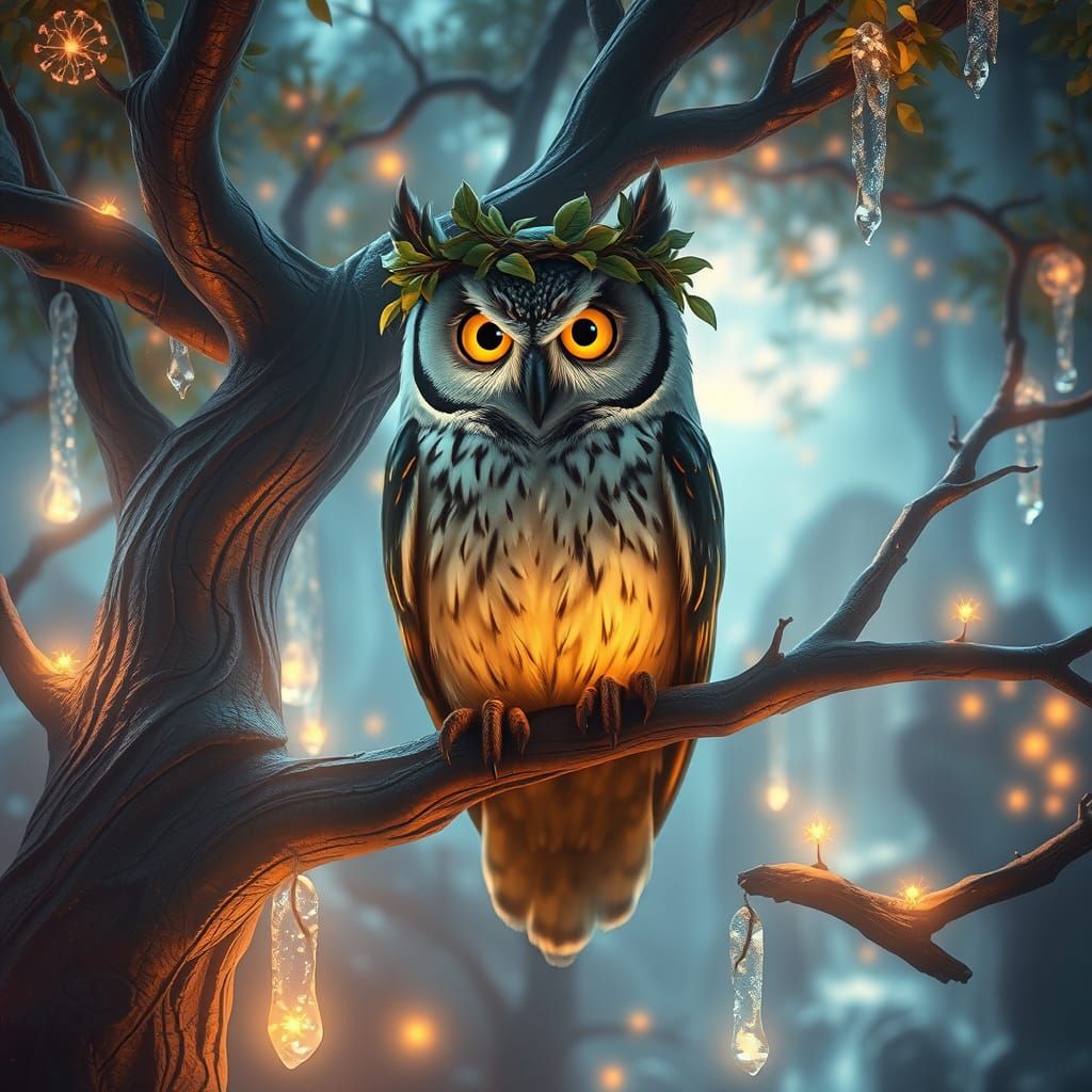Wise Owl in Alien Grove, Hyperrealistic Art