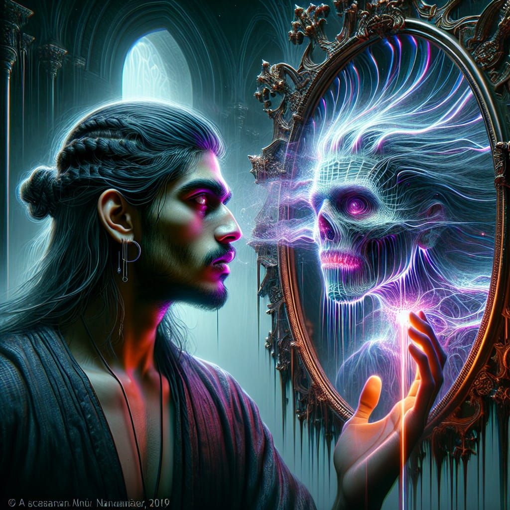 Gothic Mirror Reflects Spectral Skull in Matte Painting