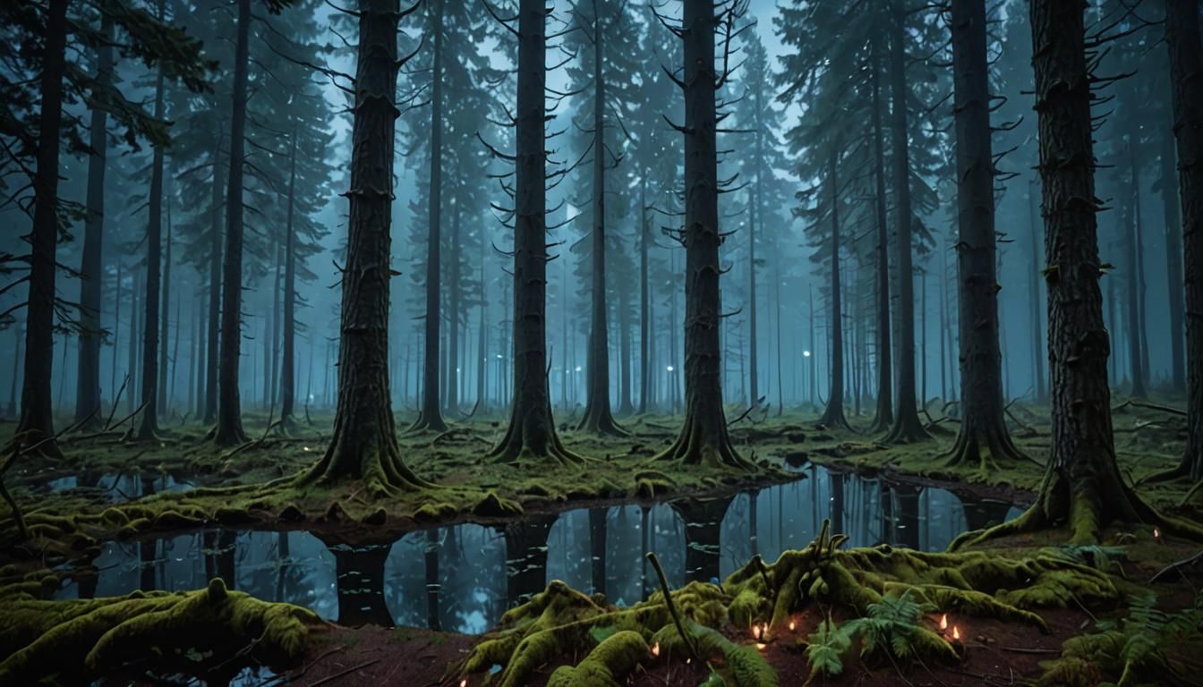 Mystical Fairy Lights in Primal Spruce Forest