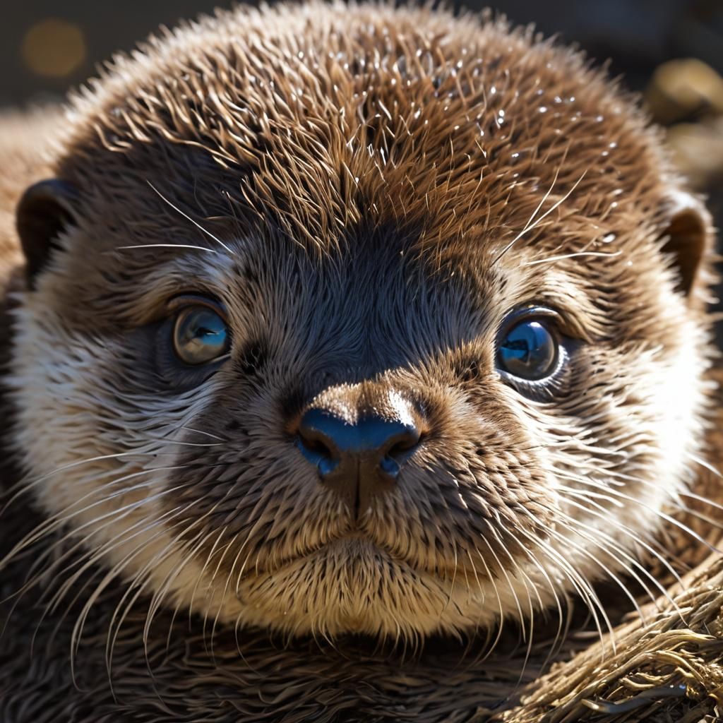 Close-up Panorama of a Newborn Baby Otter's Adorable Face in...