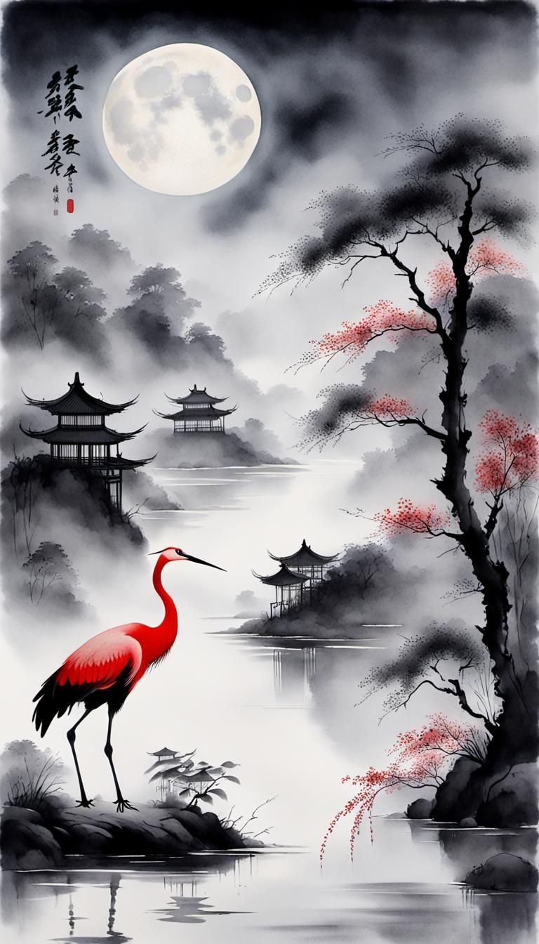 Crane in Misty Landscape as Ink Painting