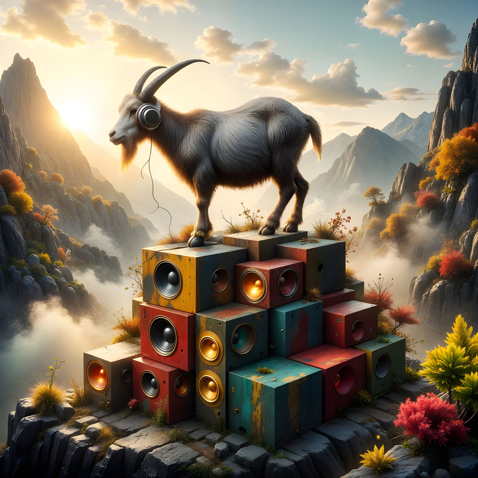 Mountain Goat in Dreamy Hyperreal Landscape with Speaker Box...