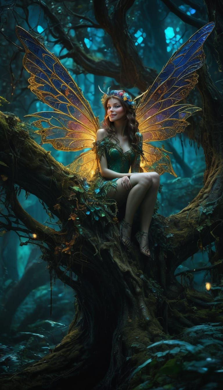 Vibrant Fairy in Mystical Forest, Abstract Fantasy Art