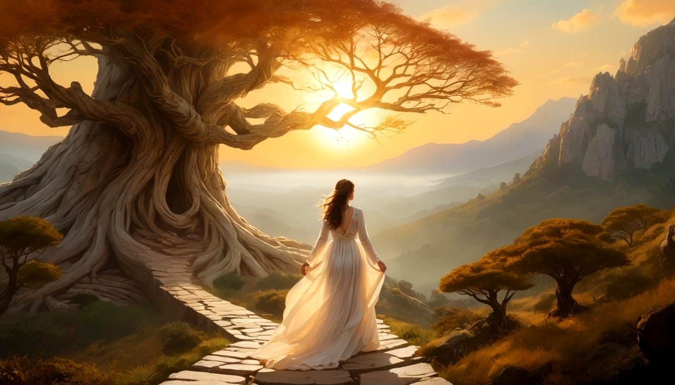 Woman's Journey to Ancient Tree at Sunset