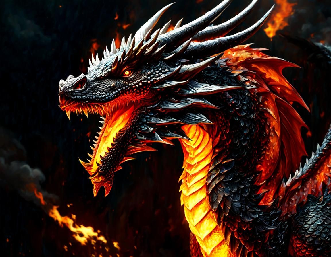 Anime Dragon Breathing Fire: Detailed Oil Painting