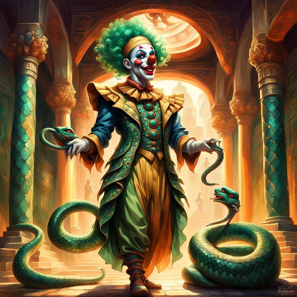 Clown Holding Cobra in Mystical Temple