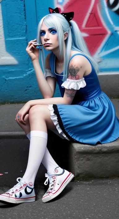 Emo Alice in Wonderland Smoking: Hyperrealistic Photo