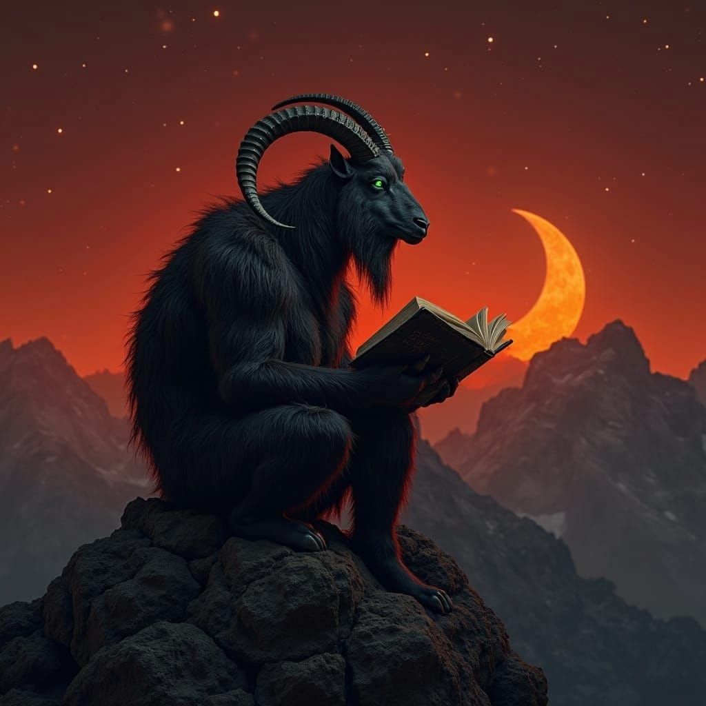 Mountain Goat-Man Reads Magic Book Under Red Sky