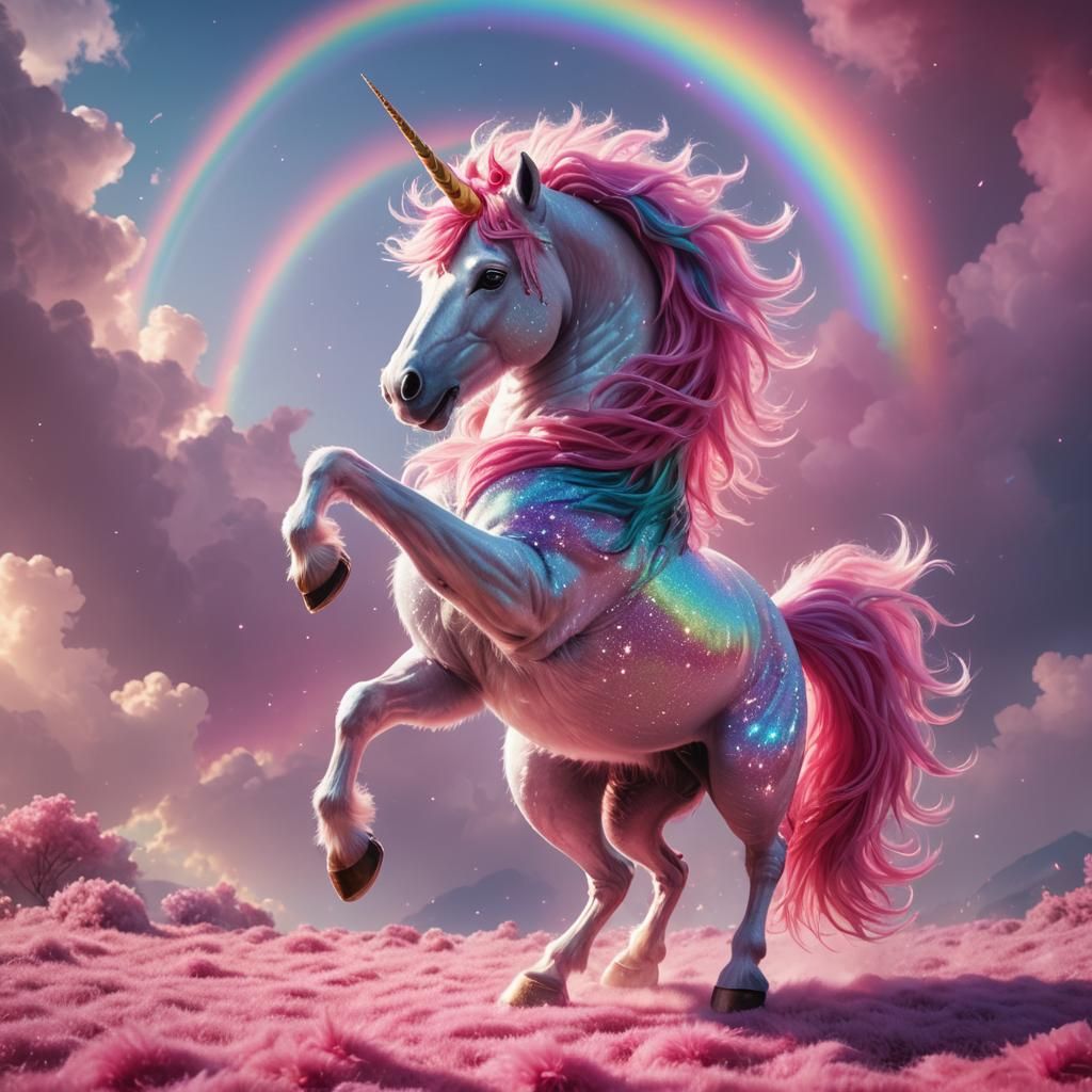 Pink Unicorn Dancing on Rainbow: Digital Art