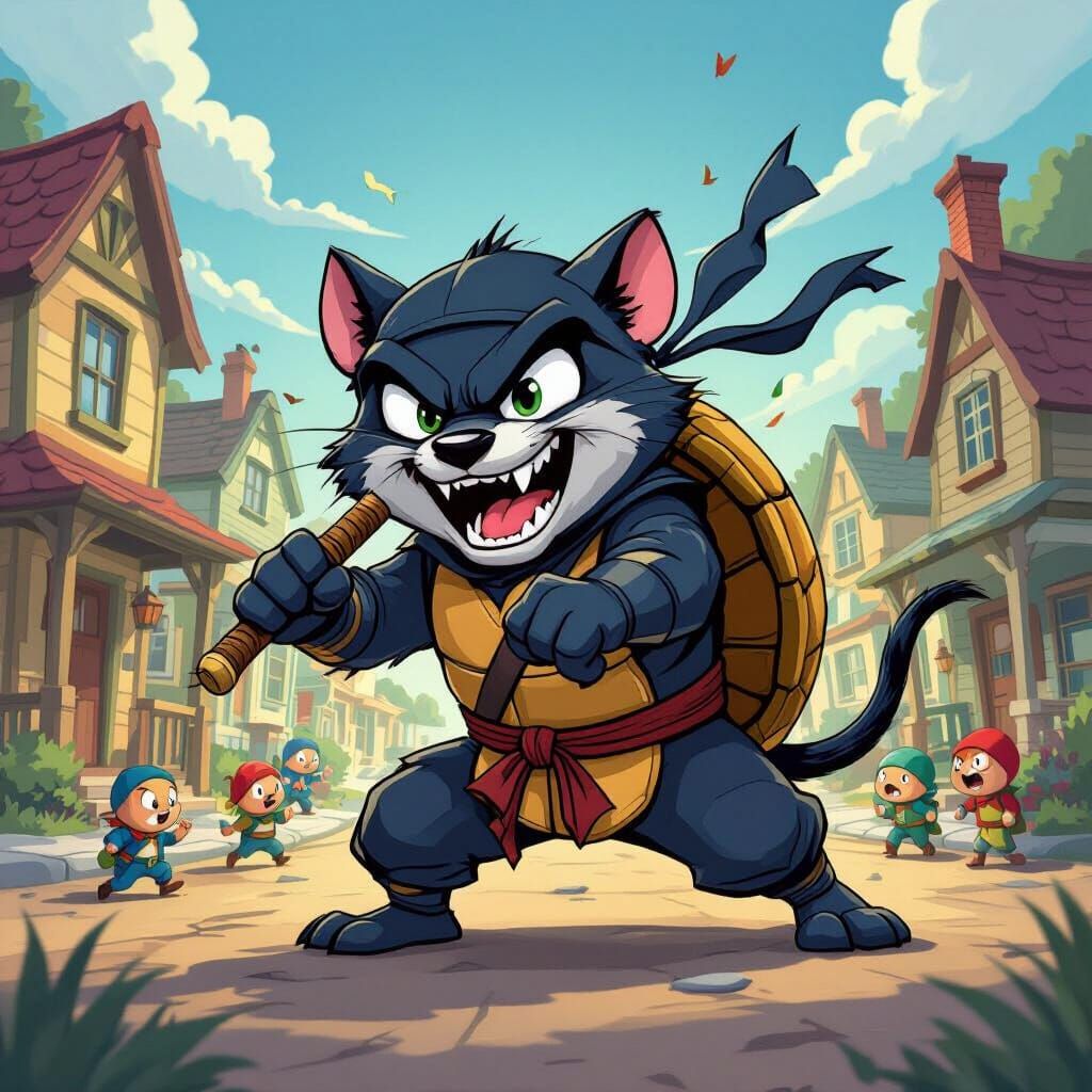 Cartoon Ninja Devil Defends Town with Turtle Shell Shield