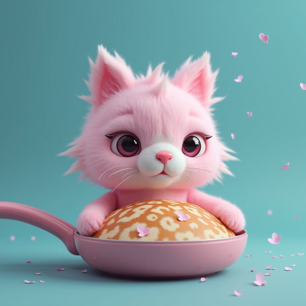 Whimsical Pastel Cat or Fantasy Pancake in a Pan, Rendered i...
