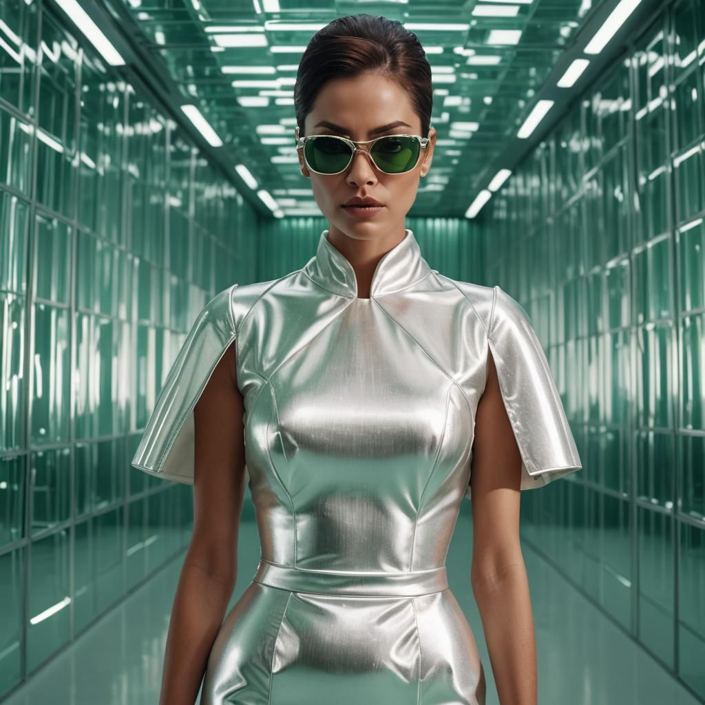 Woman in Futuristic Dress with Beehive Projection