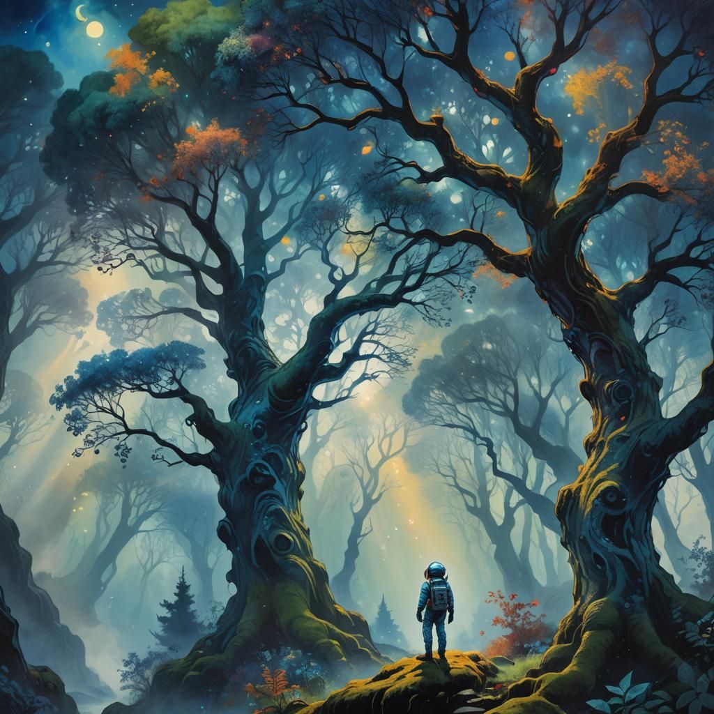 Vibrant, Glowing Cosmic Masterpiece with Ancient Tree and Lu...