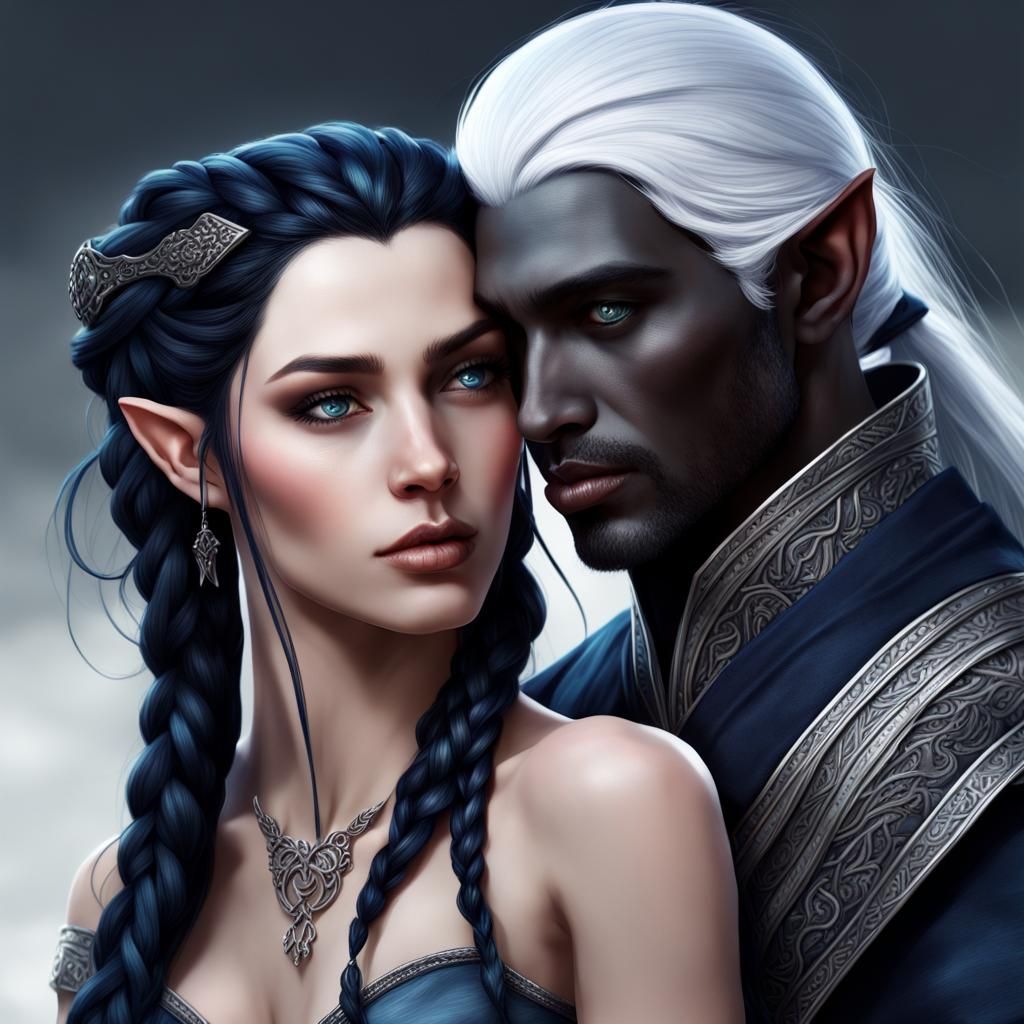 Half-Elf Woman Kissing Drow Elf: Detailed Matte Painting