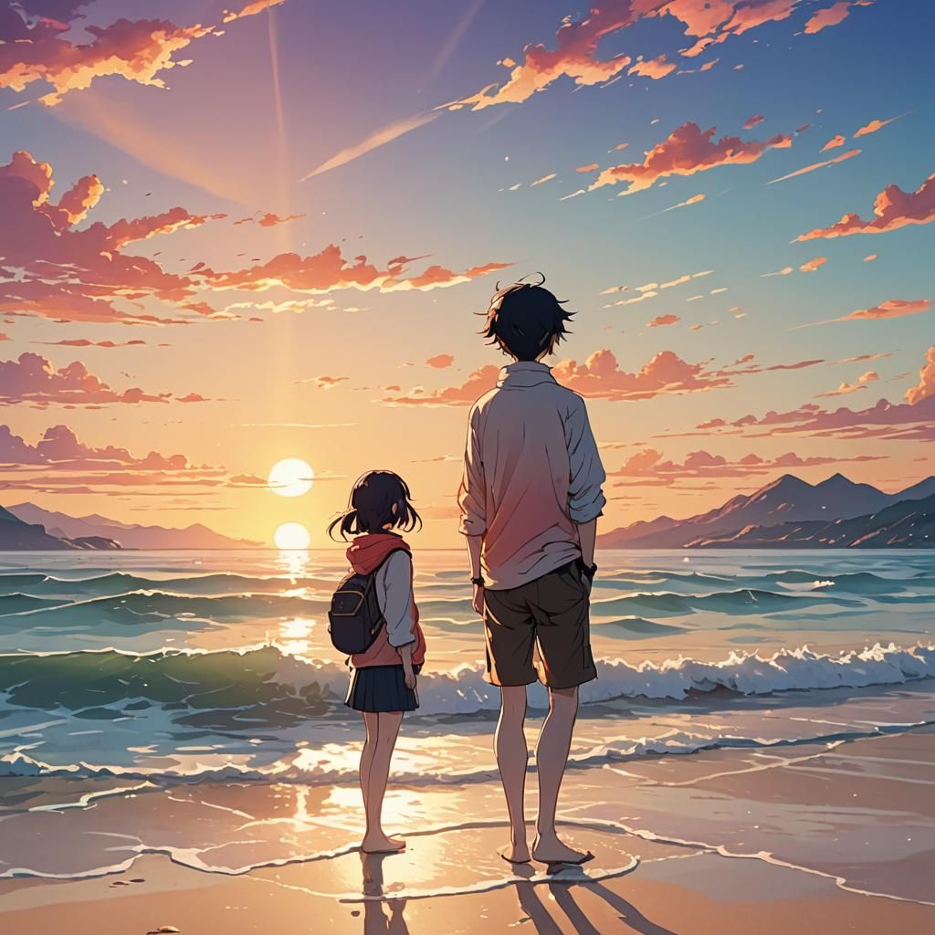 Vibrant Anime Beach Sunrise Illustration