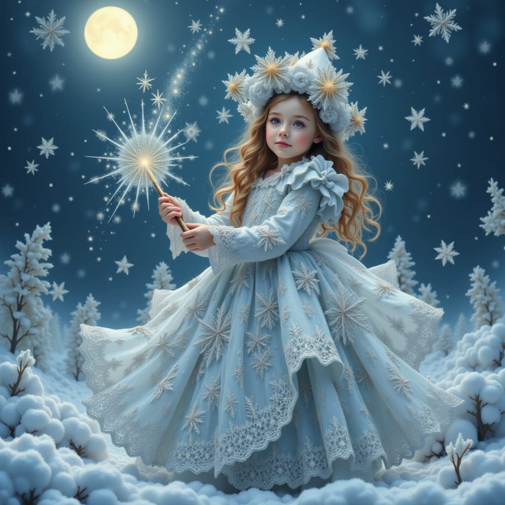 Whimsical Girl in Silver Gown Under Moonlit Sky