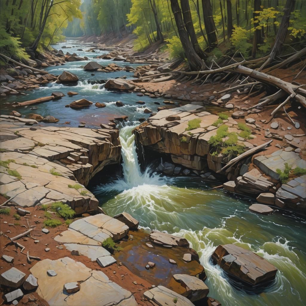 River Carves Through Landscape: Oil Painting