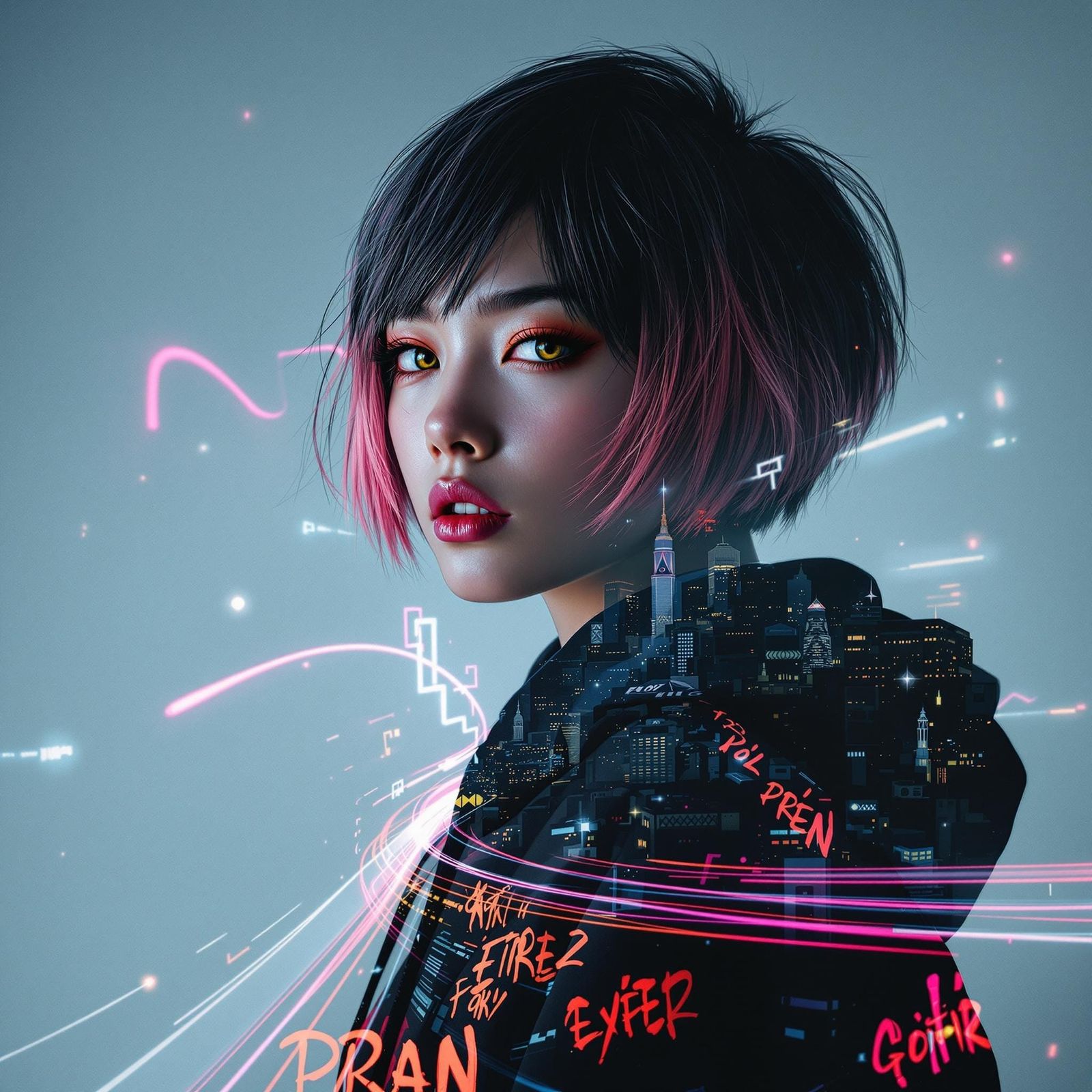Double Exposed Portrait of a Neon-Lit Asian Emo Woman in Urb...