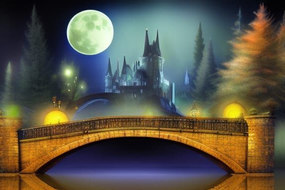Majestic Castle Under Moonlight in Watercolor Style