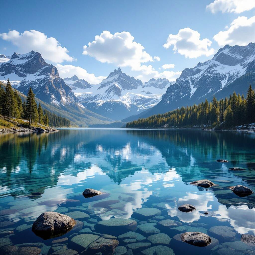 Alpine Lake Reflects Snow Peaks and Clear Water