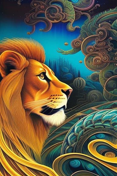 Mechanical Lion with Silken Fur Ink Illustration