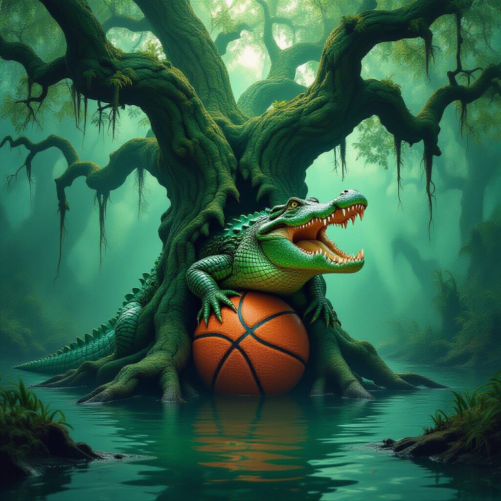 Surreal Crocodile Tree with Basketball in Dreamlike Style